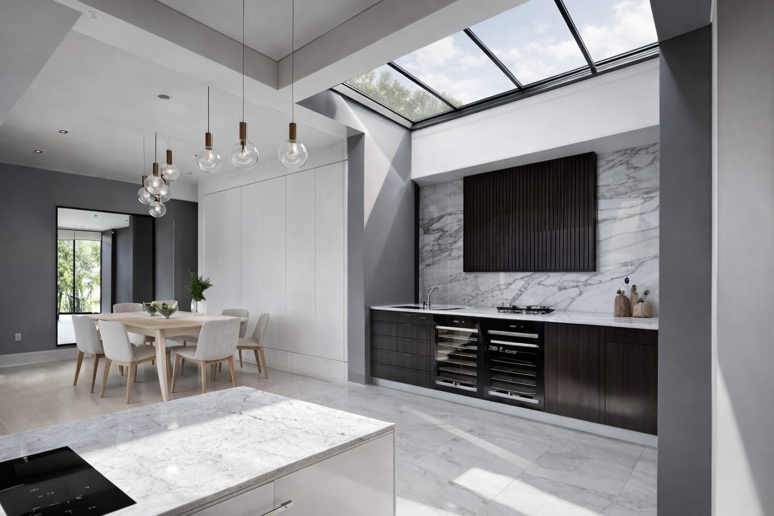 Contemporary kitchen with skylight, marble surfaces and natural light by Pardini Hall Architecture