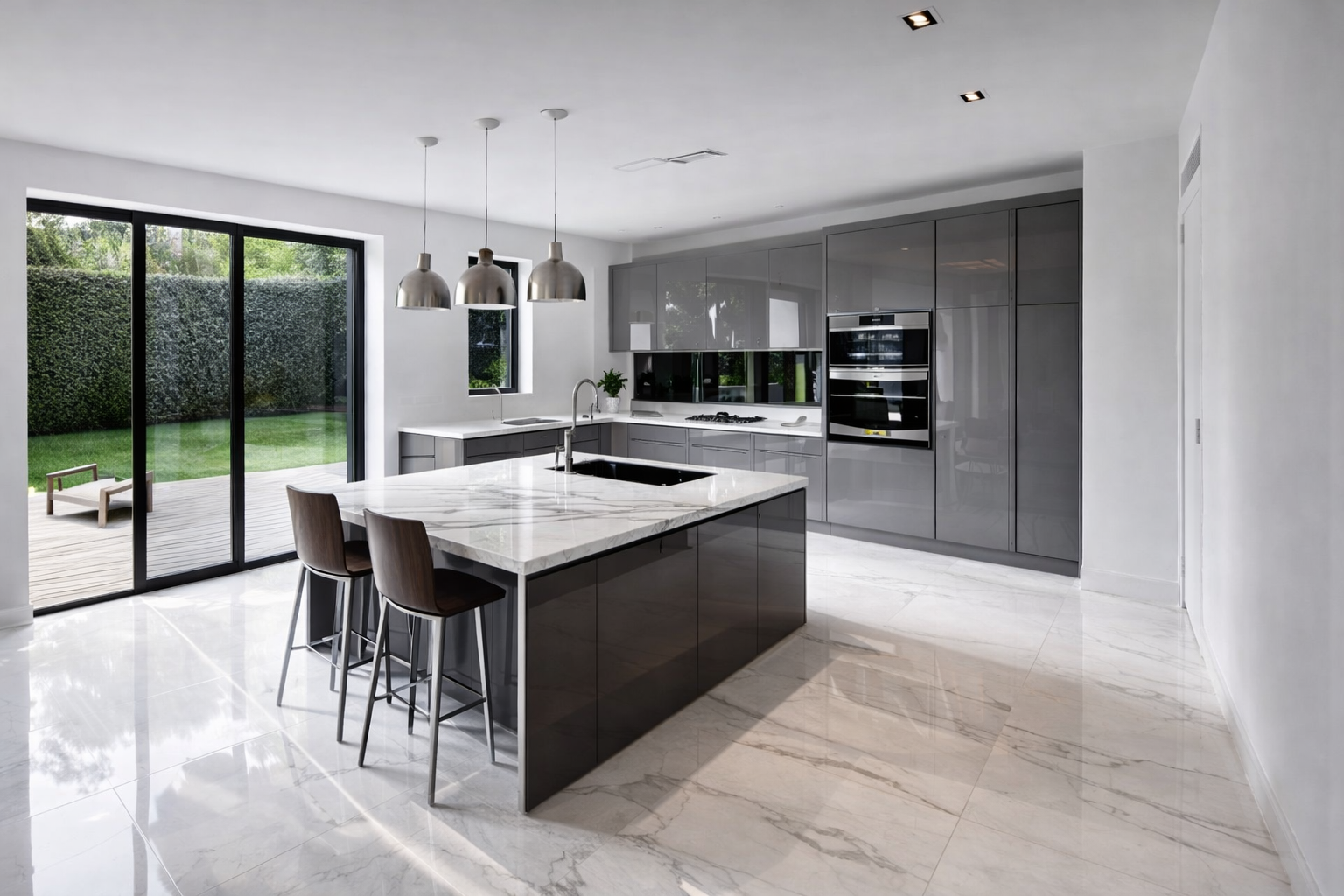 Modern kitchen with marble island and grey cabinetry by Pardini Hall Architecture