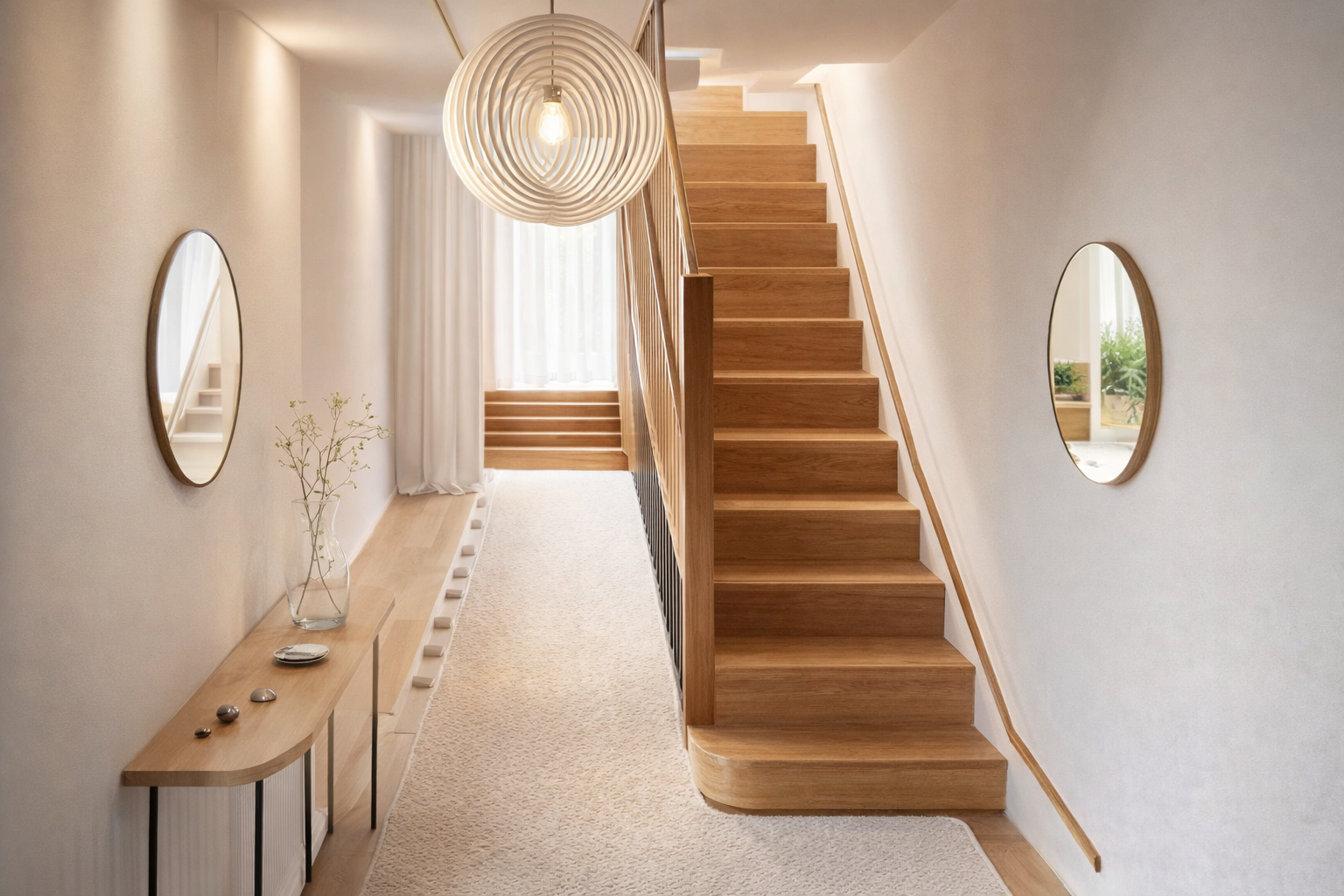 Minimal wooden staircase with natural light in a residential interior by Pardini Hall Architecture