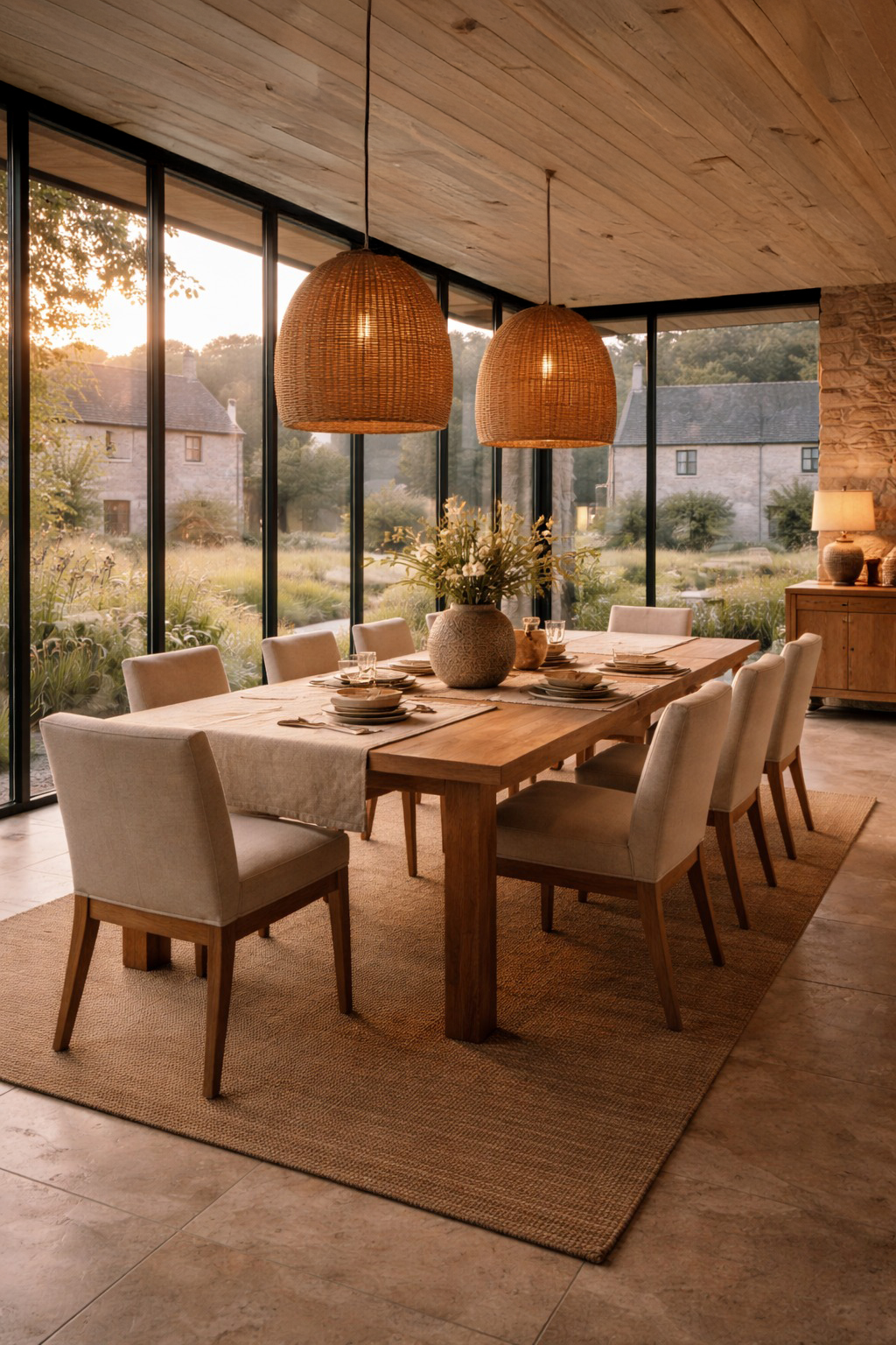 Long wooden dining table with beige upholstered chairs, woven pendant lights, and a vase centerpiece in a sunlit glass-walled room,