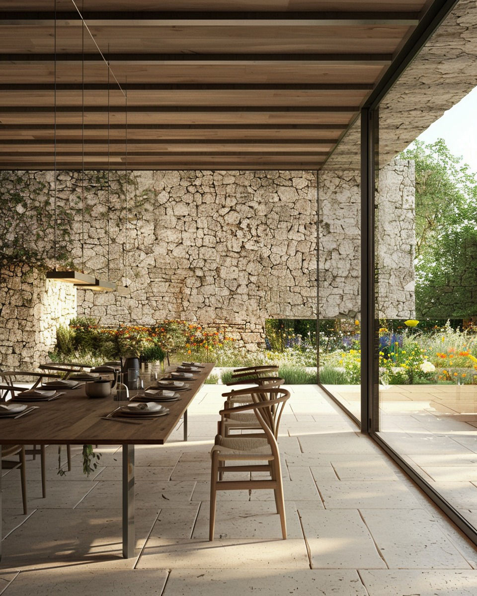 Long wooden dining table set with plates and cutlery inside a glass-walled room, facing a stone garden wall outside.