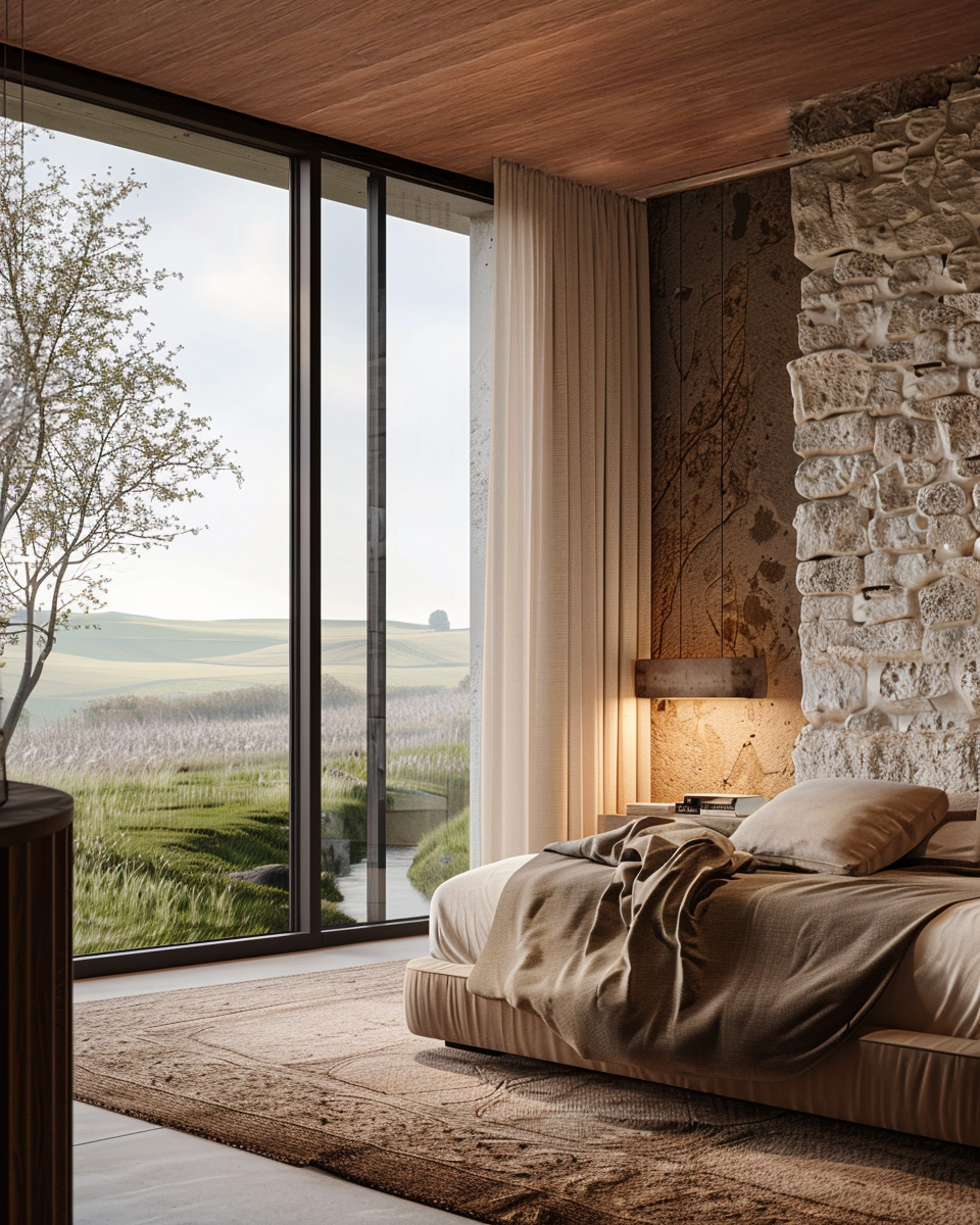 Bedroom with a low beige bed, warm lighting, and a stone wall; floor-to-ceiling window shows green fields and a tree outside.