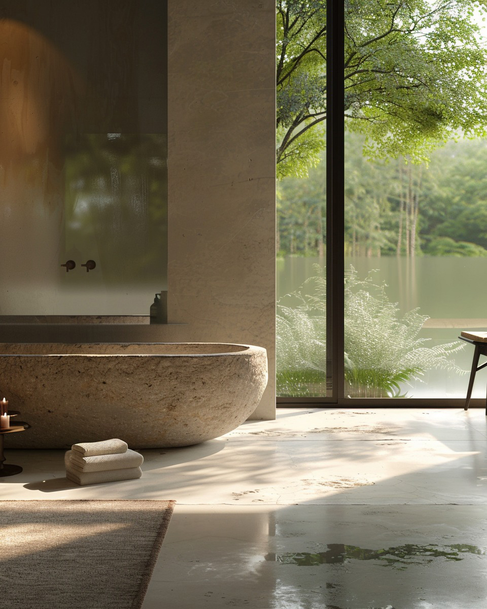 Spa-like bathroom with a freestanding stone tub, folded towels, and candles under warm light, beside a large window opening to greenery.