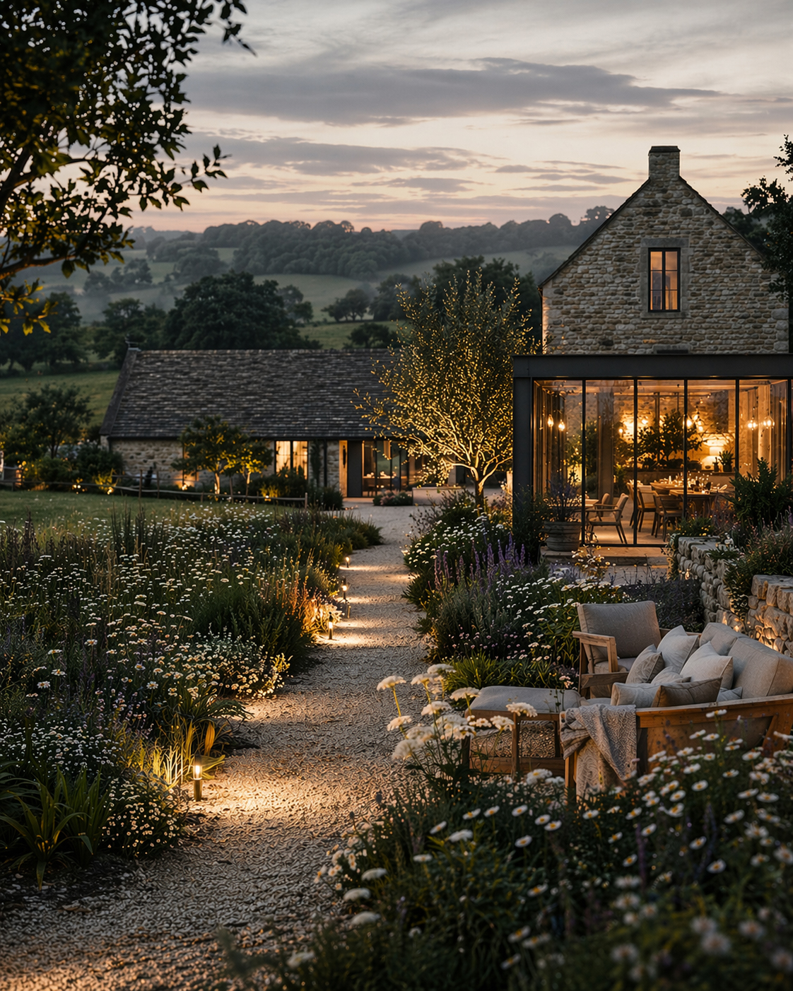 Stone house with glass-walled dining area at dusk, warm lights glowing in the interior and along a garden path
