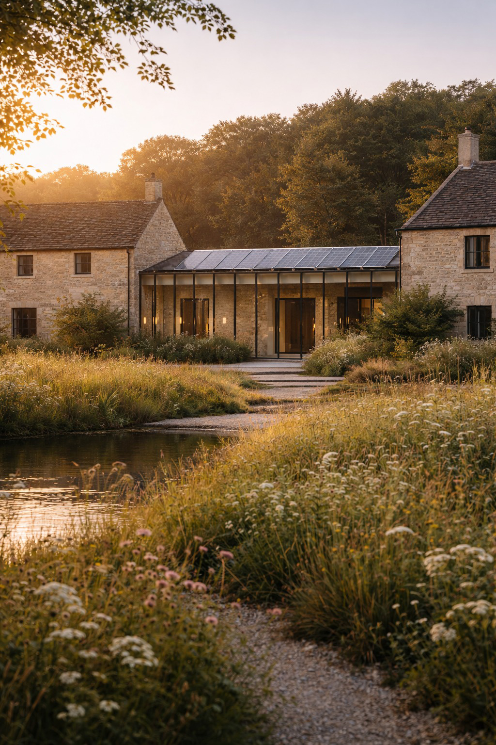 Stone manor with a glass-roofed walkway connects two wings, set in a sunlit garden at dusk. A gravel path and tall grasses lead to the building.