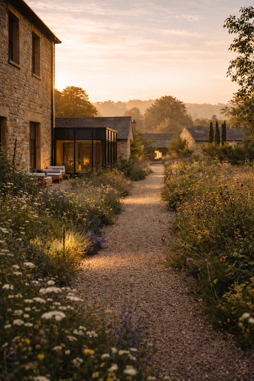 Gravel path lined with wildflowers leads between stone buildings at sunset.