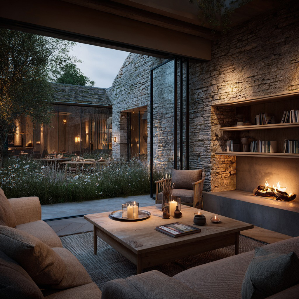 Cozy living room with a beige sectional, wooden coffee table, and a lit stone fireplace; glass doors open to a garden patio.