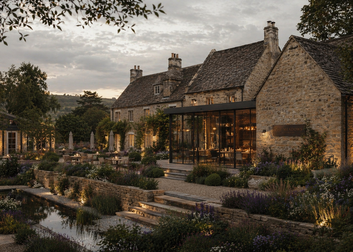 Stone manor with glass-walled dining room and warm outdoor lighting, surrounded by a manicured garden at dusk?