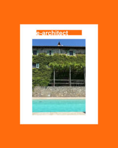 Ivy-covered stone building beside a pool, framed on a white card with an orange header saying 'e-architect' on an orange background.