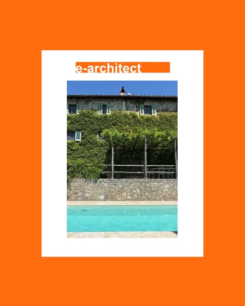 Ivy-covered stone building beside a pool, framed on a white card with an orange header saying 'e-architect' on an orange background.