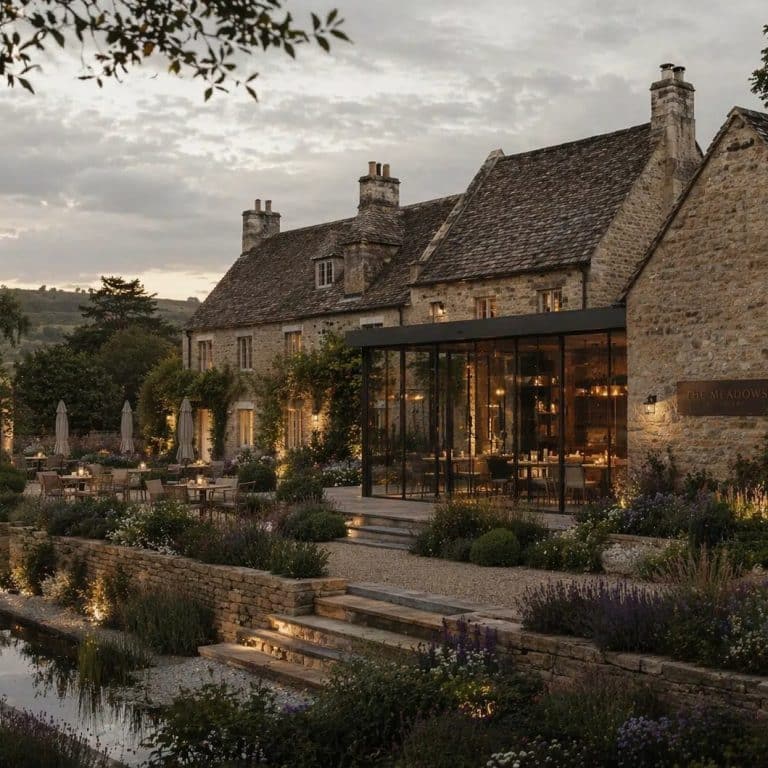 Cotswold stone hotel and restaurant at dusk, glazed dining extension and terraced garden at The Meadows.